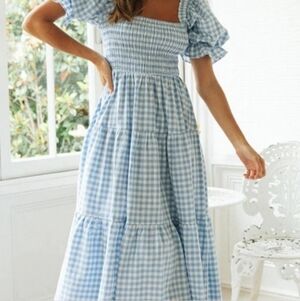 Goodnight Macaroon Blue Gingham Smocked Puff Sleeve Tiered Midi Dress Small NWT